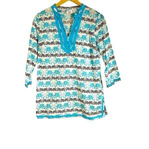 Crown & Ivy Beach Elephant Print Tunic Coverup White Blue & Black Size Small